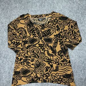 Onque Casual Shirt Womens  L Brown Knit Floral Beaded Casual Workwear Artsy